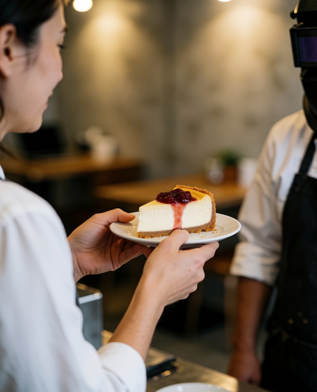 Une cliente reçoit un gâteau avec compote et biscuit dans une cafétéria aux murs de béton et aux lumières chaudes.