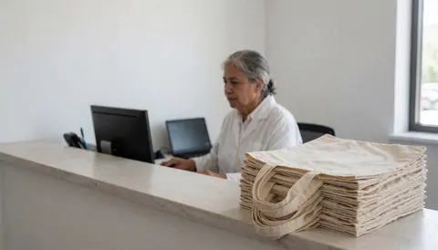 Réception moderne avec une pile de sacs en toile et une personne travaillant sur un ordinateur, idéal pour une école de langues.