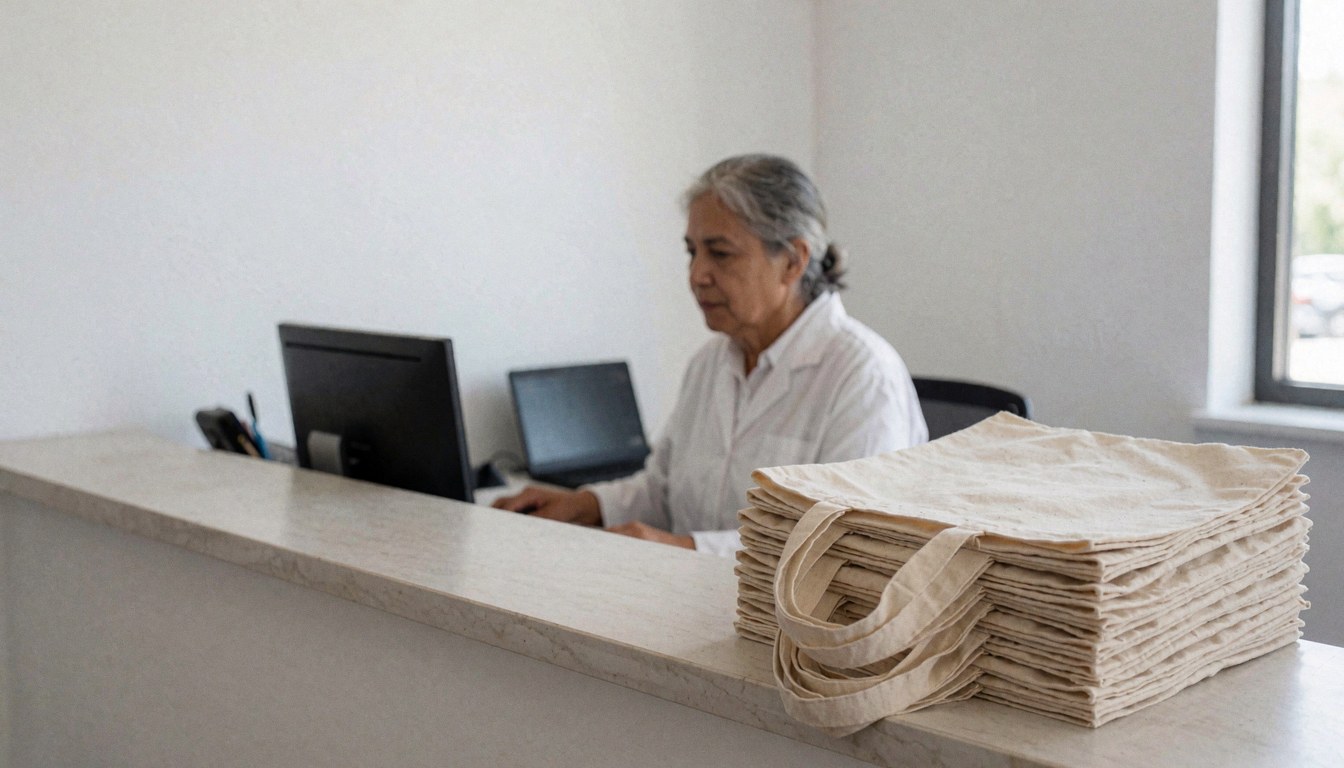 Réception moderne avec une pile de sacs en toile et une personne travaillant sur un ordinateur, idéal pour une école de langues.