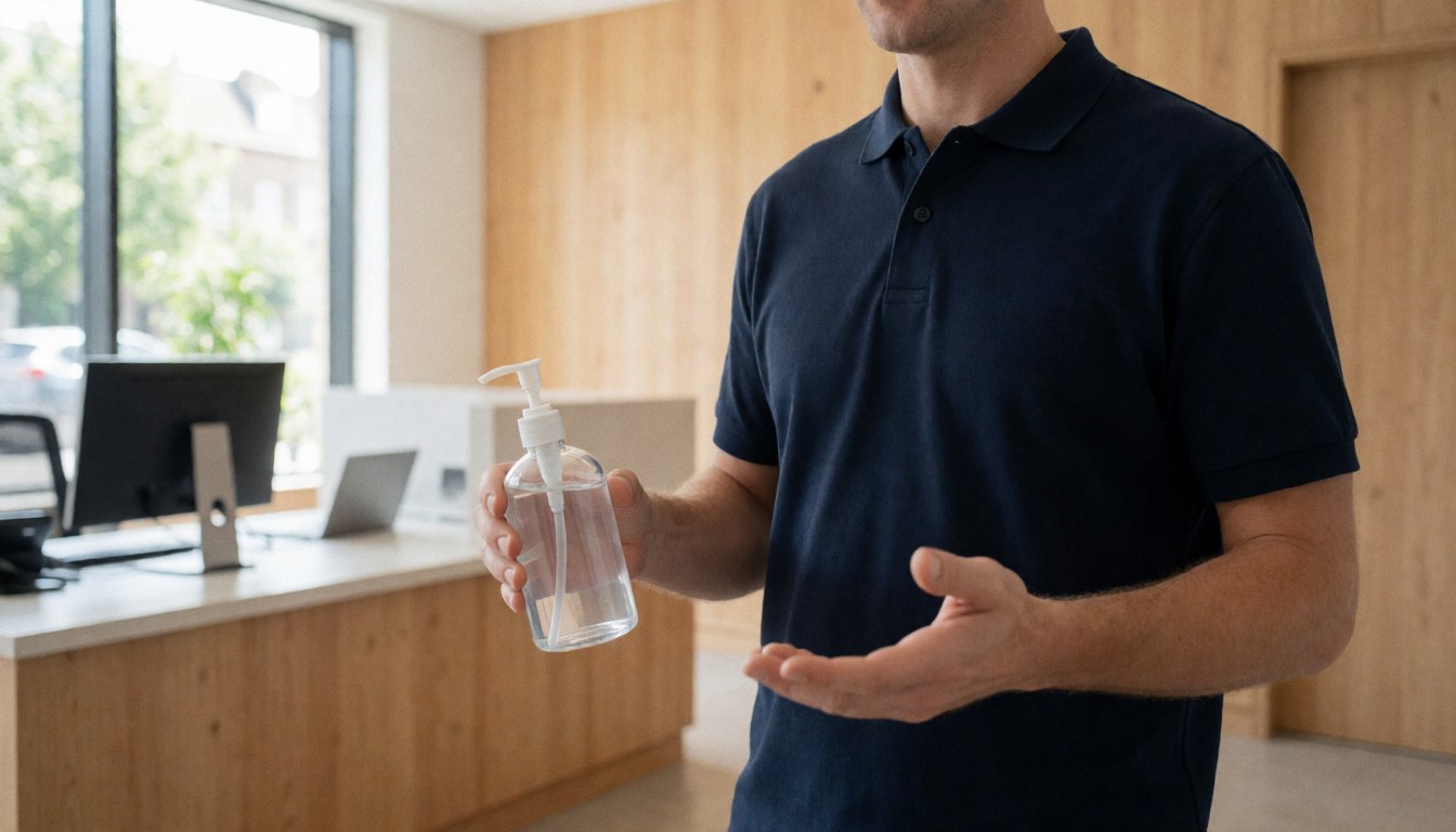 Un professionnel du nettoyage tient une bouteille de désinfectant dans un bureau moderne avec des murs en bois et une lumière naturelle.