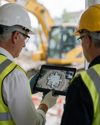 Deux travailleurs portant casques et gilets de sécurité examinent une fondation en construction à l'aide d'une tablette, avec une excavatrice jaune visible en arrière-plan.