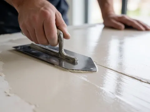 Une main utilise une truelle pour appliquer un enduit humide sur une surface, créant une finition lisse et brillante pour des travaux de finition.