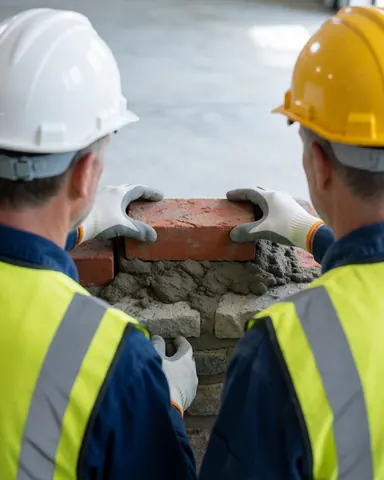 Deux maçons casqués et gantés posent une brique rouge sur du mortier gris au cours d'un chantier de construction.