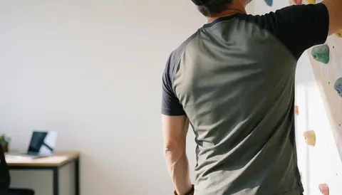 Entraîneur de escalade sur mur d'escalade intérieur, vêtu de vêtements techniques, avec lumière naturelle et espace pour texte à gauche