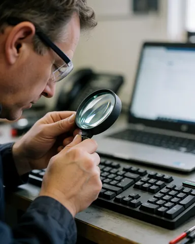 Un technicien examine attentivement un clavier d'ordinateur à l'aide d'une loupe dans un atelier de réparation.