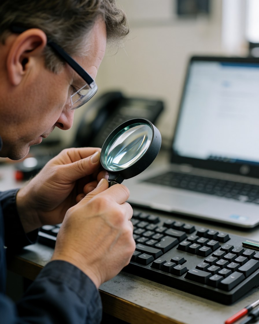 Un technicien examine attentivement un clavier d'ordinateur à l'aide d'une loupe dans un atelier de réparation.