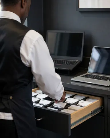 Un professionnel organise des cartes d'accès dans une boîte de rangement, entouré d'ordinateurs portables et de murs gris anthracite dans un parking.