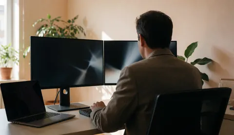 Vue arrière d'une personne travaillant sur un ordinateur avec deux moniteurs dans un bureau moderne éclairé par la lumière naturelle et décoré de plantes, idéal pour une page d'accueil de site web.