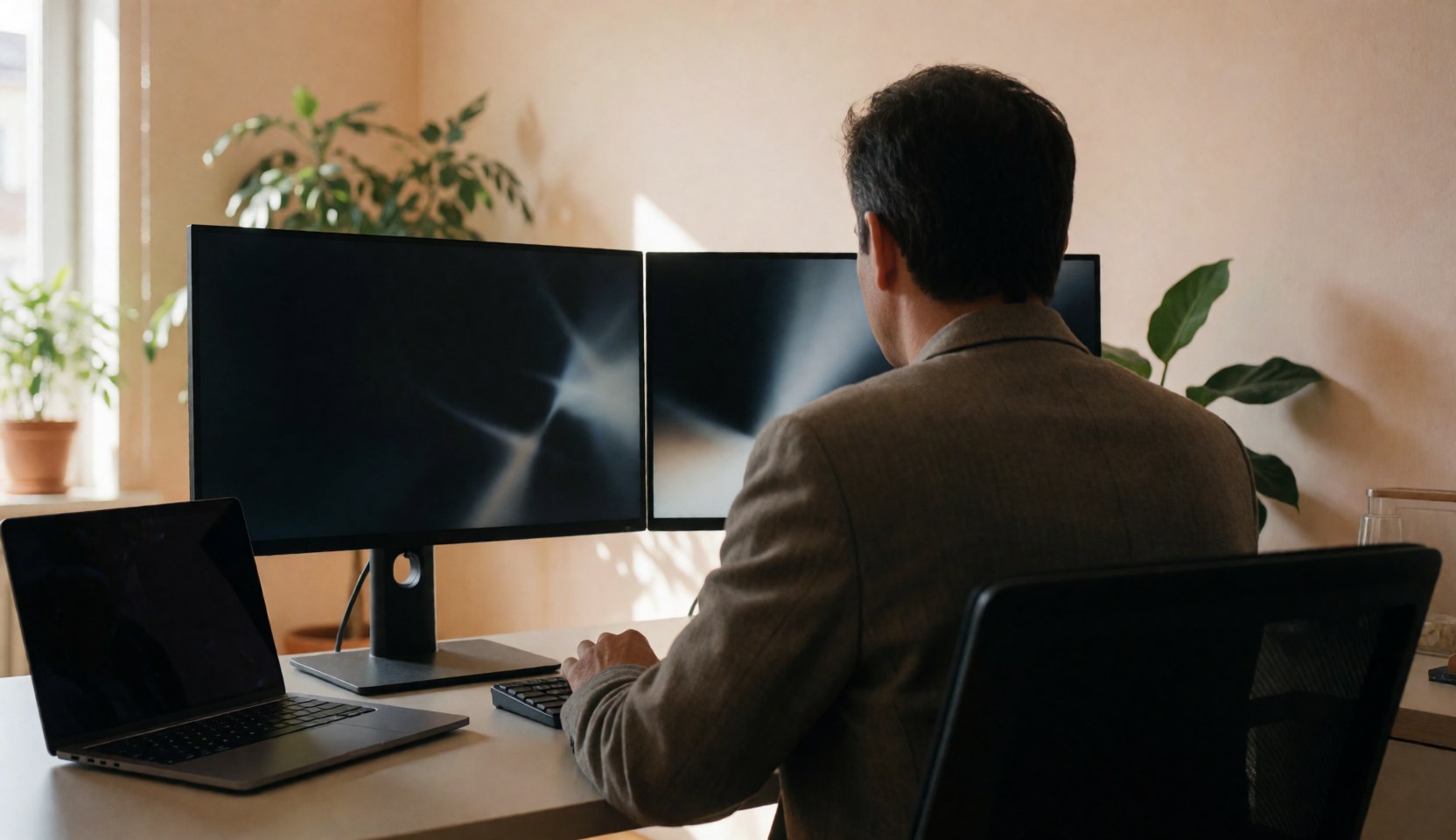 Vue arrière d'une personne travaillant sur un ordinateur avec deux moniteurs dans un bureau moderne éclairé par la lumière naturelle et décoré de plantes, idéal pour une page d'accueil de site web.