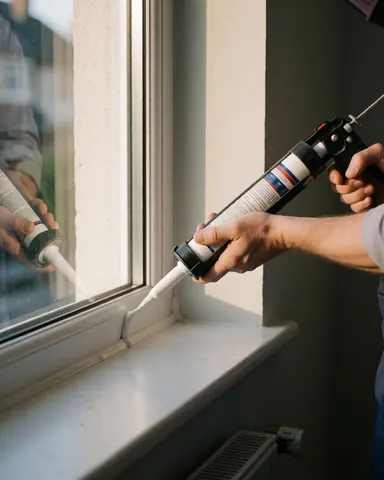 Une main applique du mastic blanc sur le cadre d'une fenêtre avec de la lumière naturelle et un mur gris clair pour la réparation de vitrage.