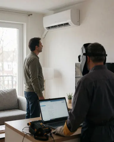 Technicien vérifiant un climatiseur chez un client, équipé d'un ordinateur portable et d'outils, dans un salon moderne baigné de lumière naturelle.
