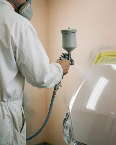 Un technicien en combinaison blanche applique de la peinture sur une voiture dans un atelier aux murs beiges, avec une lumière réfléchie sur la surface récente.