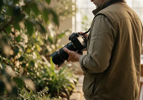 Photographe professionnel équipé d'un appareil photo macro dans un jardin, portant une veste de travail, avec une lumière chaude et du feuillage en premier plan.