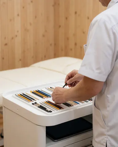 Un technicien de microblading range ses pinceaux dans une clinique aux murs et lits en bois clair, créant un environnement propre et professionnel.