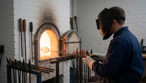 Un artisan verrier casqué travaille près d'un four, des outils pendent sur un mur de briques blanches dans un atelier de verrerie.