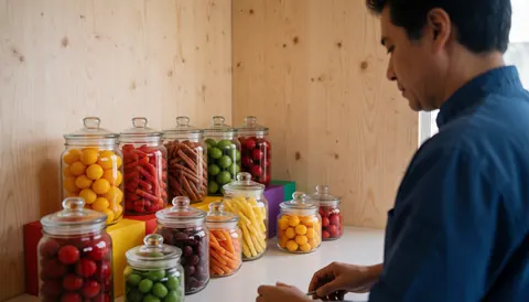 Un homme de dos organise des bonbons dans des bocaux en verre sur une table blanche, avec des murs en bois clair et des bonbons colorés.