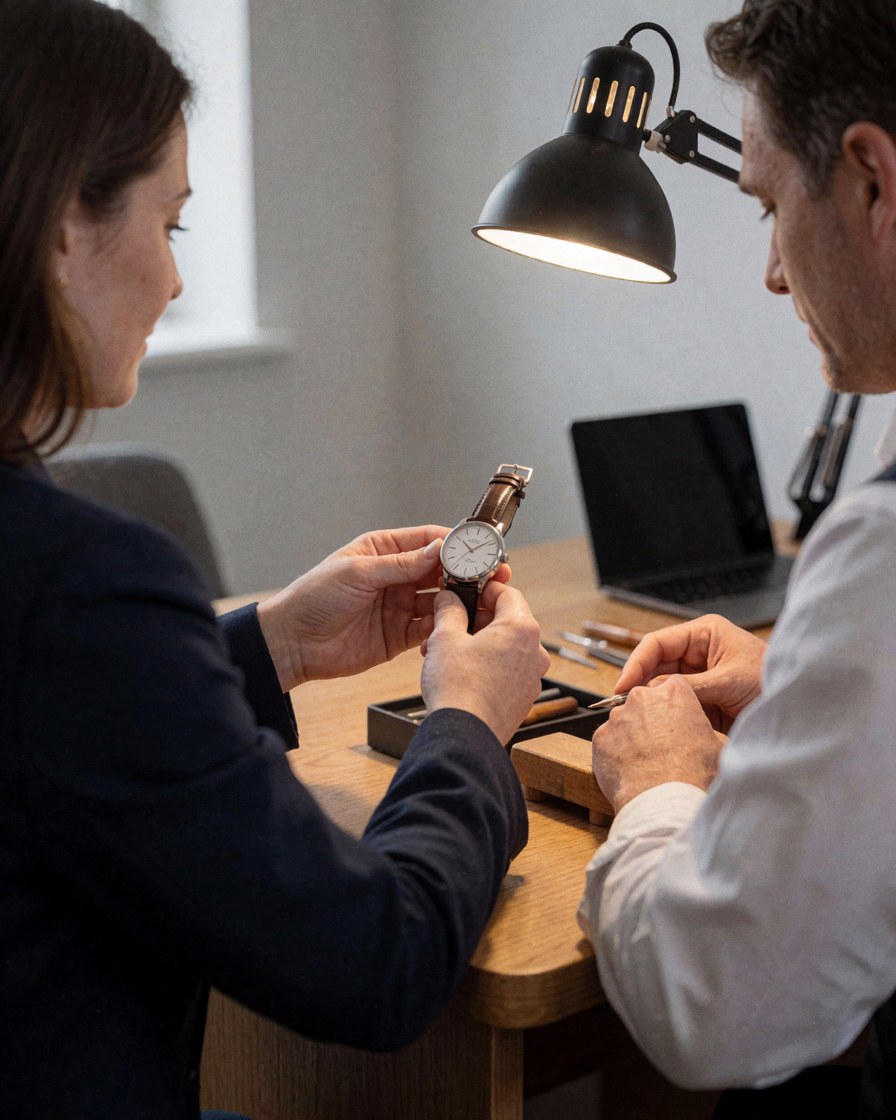 Un client et un horloger inspectent une montre-bracelet sur une table en bois, avec des outils de précision visibles dans l'atelier.
