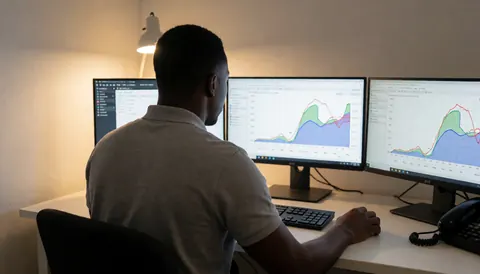 Entraîneur de cyclisme de dos analysant des courbes de puissance sur trois moniteurs dans un bureau ordonné éclairé par une lumière chaude.