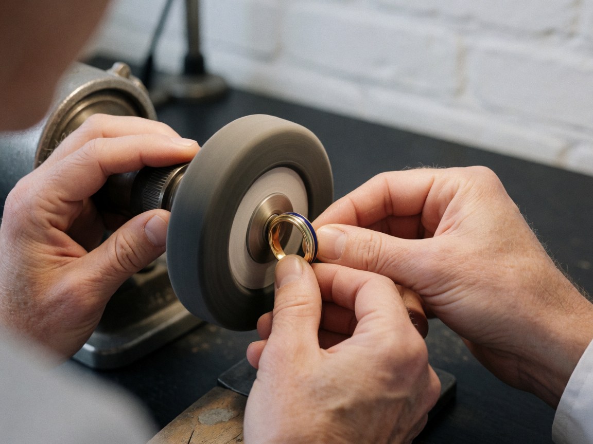 Des mains polissent une bague en or avec des détails sur une machine de polissage, posée sur une table sombre devant un mur de briques blanches, éclairage pratique.