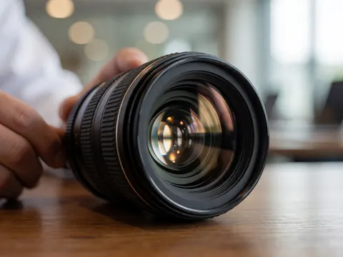 Objectif de caméra professionnel posé sur une table en bois, mains ajustant le viseur, arrière-plan flou avec effet bokeh, idéal pour un vidéaste.