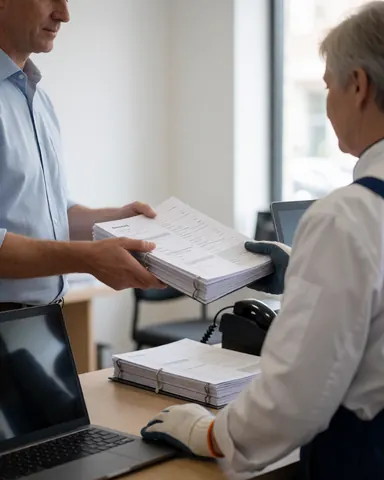 Un client reçoit des documents imprimés dans un environnement professionnel, avec un travailleur portant des gants et un ordinateur portable sur une table.