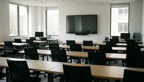 Salle de classe vide équipée de tables en bois, de chaises noires et d'un grand écran mural, idéale pour des cours de programmation.