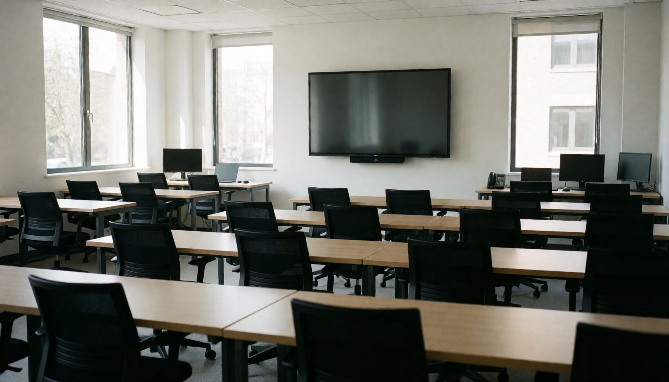 Salle de classe vide équipée de tables en bois, de chaises noires et d'un grand écran mural, idéale pour des cours de programmation.