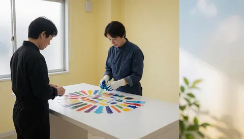Deux professionnels avec des gants découpent des autocollants colorés sur une table blanche sous lumière naturelle dans un local aux murs jaunes clairs.