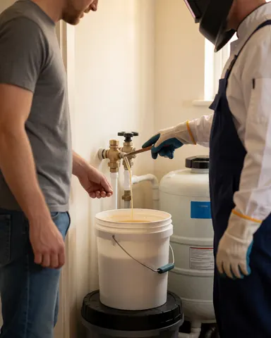 Un plombier en tenue de travail montre un seau rempli de sédiments à un client, avec un réservoir d'eau visible en arrière-plan.
