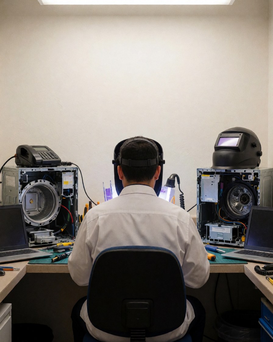 Un technicien en réparation d'appareils travaille avec des outils et des masques de soudure dans un atelier bien éclairé.