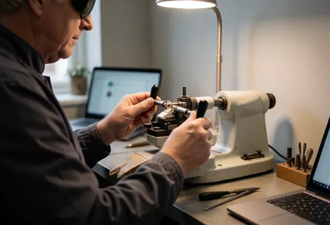 Un joaillier portant des lunettes de protection ajuste une bague sur une machine de taille dans un atelier équipé d'outils et d'un ordinateur.