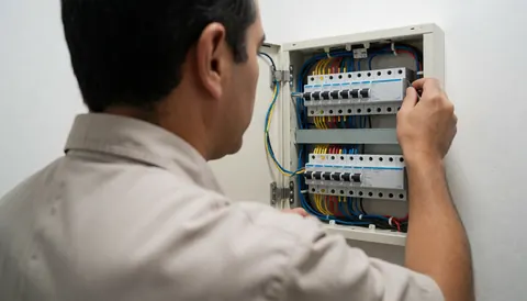 Un technicien installe un panneau électrique avec des câbles colorés sur un mur blanc, illustrant un service d'installation de piscine en action.
