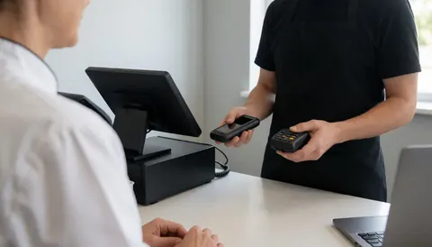 Un caissier portant un chapeau noir sert un client derrière un comptoir équipé d'une caisse enregistreuse et d'un terminal de paiement.
