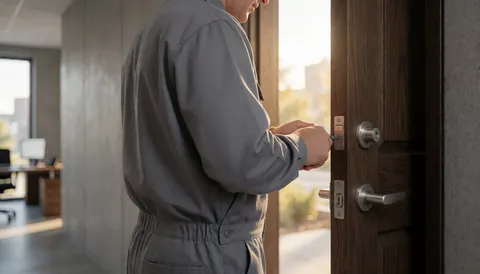 Un serrurier professionnel installe une serrure de sécurité sur une porte en bois foncé, dans un intérieur avec des murs en béton et une lumière naturelle.