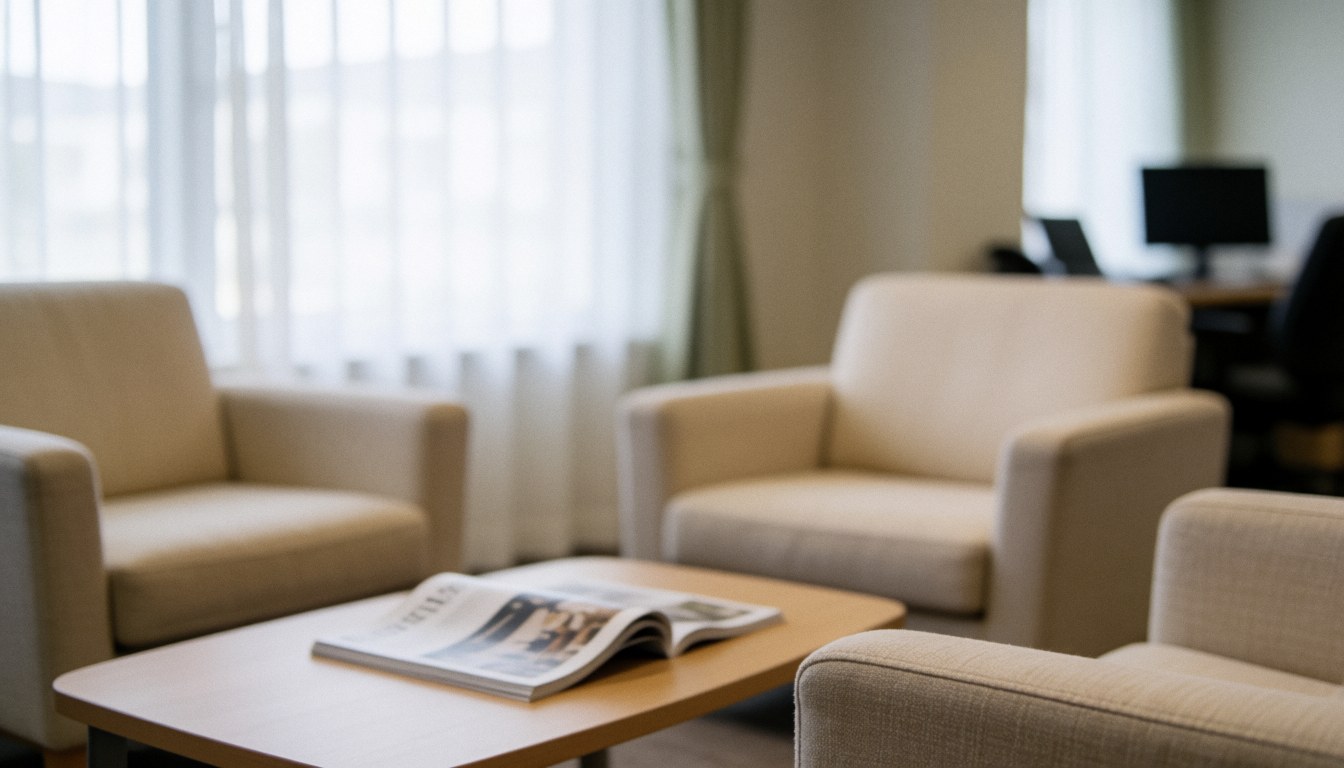 Vue d'un salon d'attente calme avec des fauteuils beiges, une table basse portant une revue et une lumière naturelle douce, idéal pour un fond de texte professionnel.