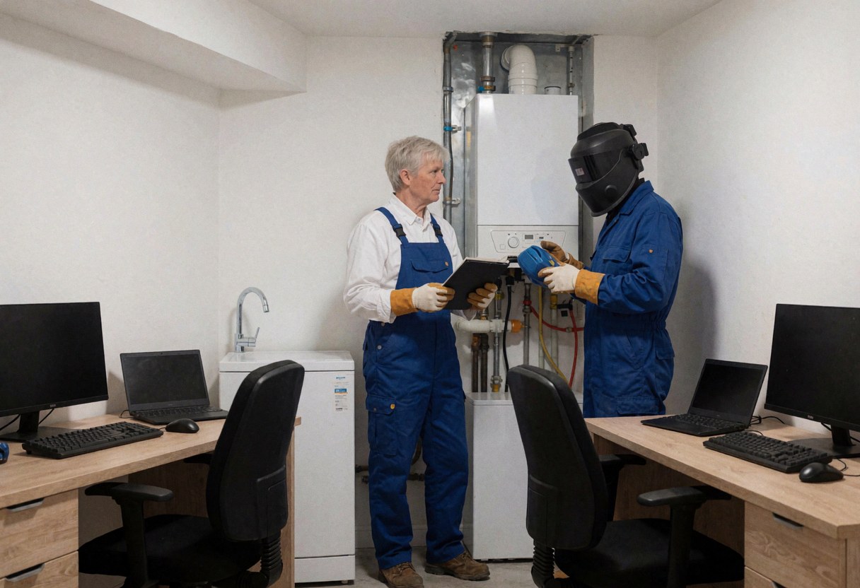Un technicien en gilet bleu examine une chaudière tandis qu'un collègue avec un casque de soudure travaille sur l'installation dans une pièce propre.