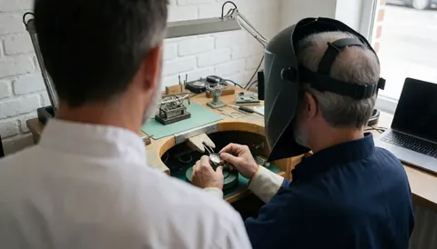 Un horloger portant un casque de soudage répare une montre sur une table de travail équipée d'outils, devant un mur de briques blanches éclairé par une lumière de travail.