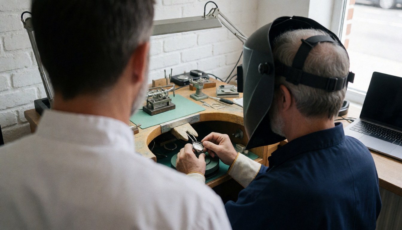 Un horloger portant un casque de soudage répare une montre sur une table de travail équipée d'outils, devant un mur de briques blanches éclairé par une lumière de travail.