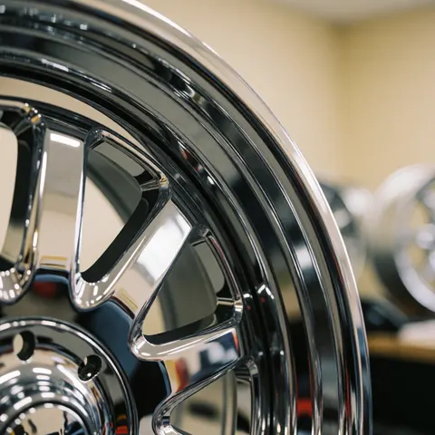 Jante chromée avec reflets lumineux dans un atelier, fond flou avec d'autres jantes, idéal pour un magasin de réparation automobile.