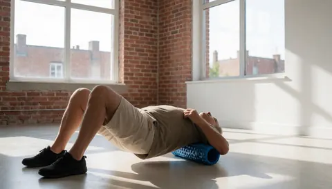 Un homme âgé utilise un rouleau de massage bleu sur son dos dans un studio avec des murs en briques rouges et des fenêtres laissant entrer la lumière naturelle.