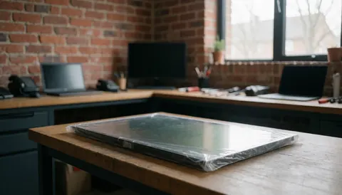 Écran LCD neuf sous emballage sur table en bois avec mur de briques et lumière naturelle pour réparation de téléphones