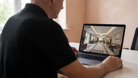 Un photographe professionnel examine une visite virtuelle 360 sur son ordinateur portable dans un intérieur avec des murs en plâtre terracotta et une lumière naturelle.