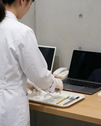 Thérapeute en clinique préparant des ballons de glace et des outils pour le traitement de l'acné sur un fond de mur en béton.