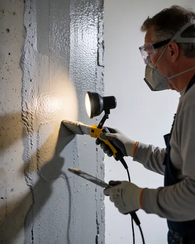 Un travailleur équipé d'un masque et de lunettes applique un enduit gris sur un mur vertical en béton à l'aide d'un outil et d'un éclairage portable.