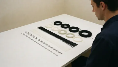 Cordes de tennis et padel posées sur une table blanche. Un professionnel de dos les observe devant un mur beige. Produit destiné aux instructeurs de tennis.