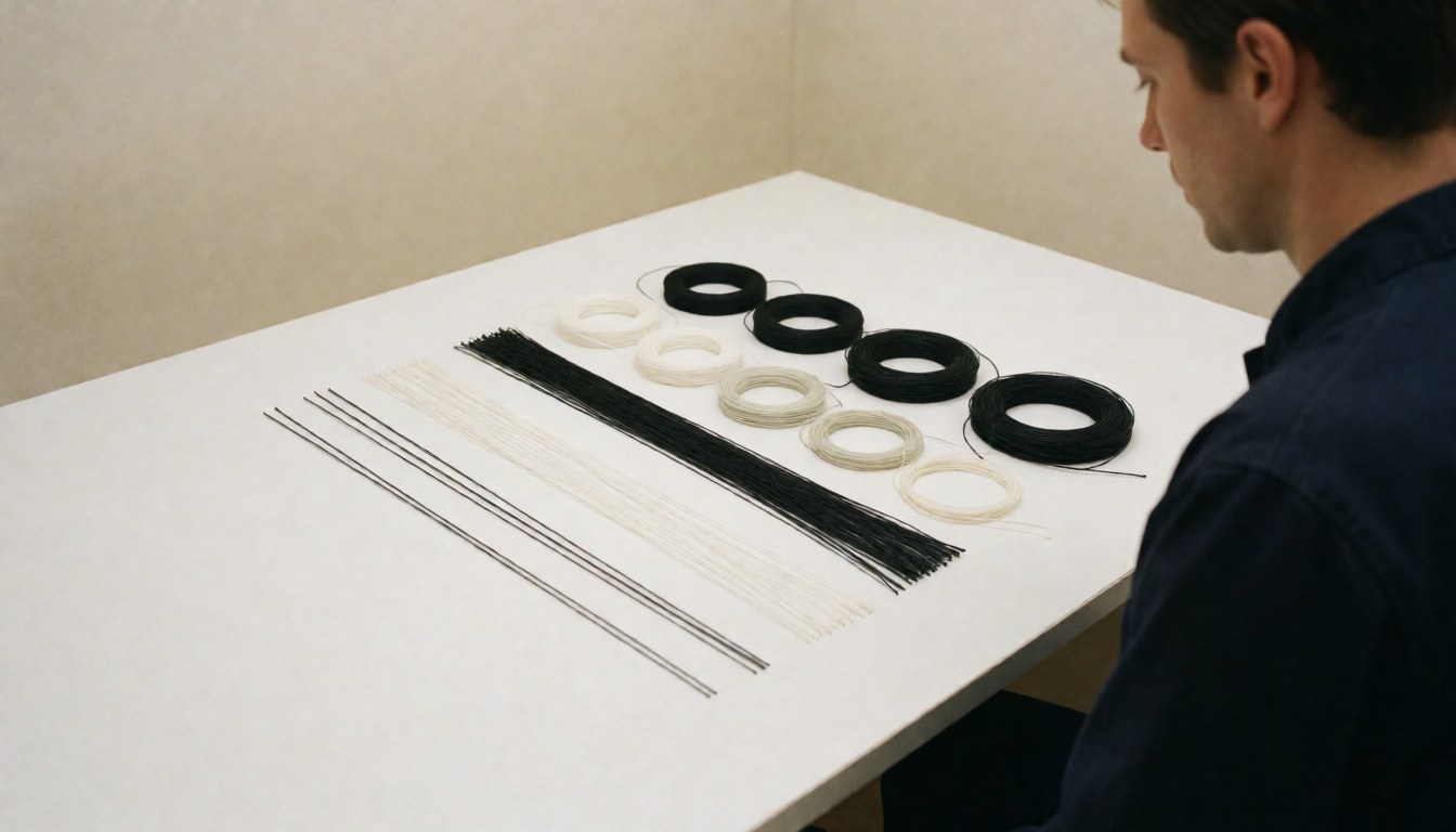 Cordes de tennis et padel posées sur une table blanche. Un professionnel de dos les observe devant un mur beige. Produit destiné aux instructeurs de tennis.