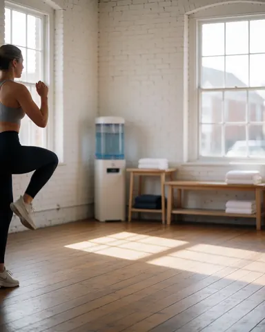 Une femme en tenue de sport réalise des genoux hauts dans un gymnase au sol en bois et aux murs de briques blanches, avec une lumière naturelle et un espace pour du texte.
