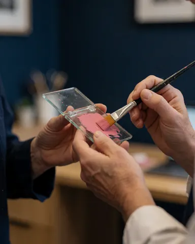 Des mains de client mélangent de la peinture rose sur une palette en verre avec un pinceau dans un atelier aux murs bleus pour un cours de peinture.