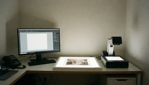 Bureau de graphiste équipé d'un moniteur, d'une lampe de travail et d'un scanner, servant de fond neutre pour le texte ou le branding.