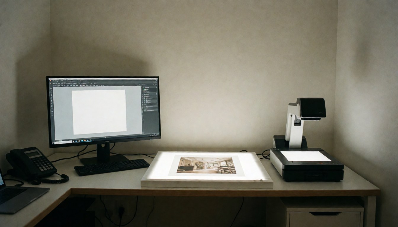Bureau de graphiste équipé d'un moniteur, d'une lampe de travail et d'un scanner, servant de fond neutre pour le texte ou le branding.